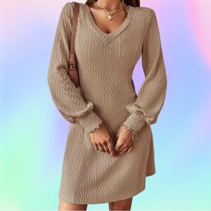 Woman’s Tan Stretchy Long Sleeve Fit and Flare Sweater Dress / Small